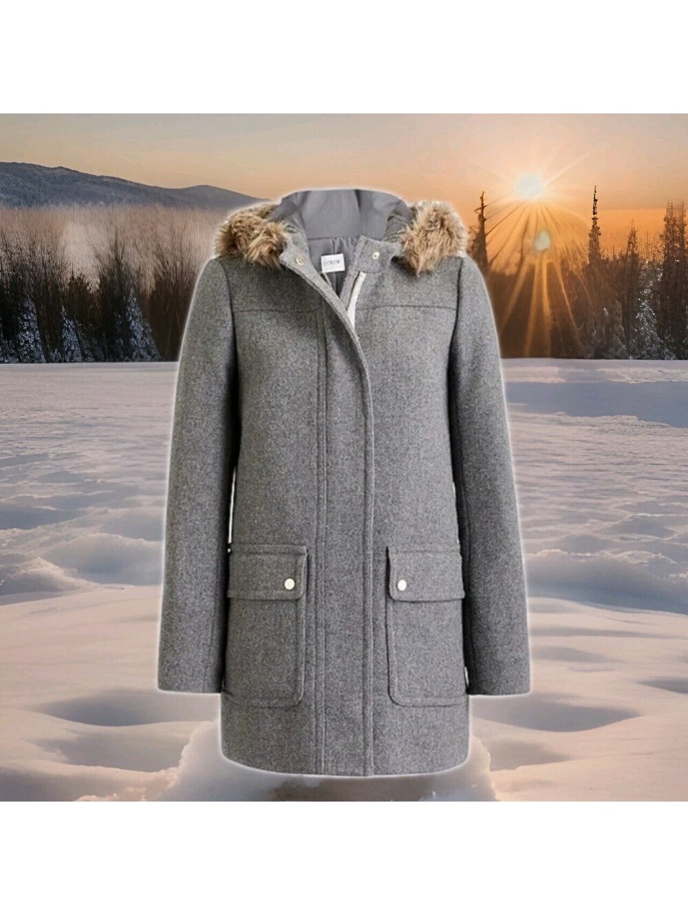 J.Crew Vail Parka Wool Winter Coat Fur Ruff Hooded Grey Womens 6 Small Medium